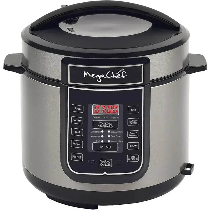Digital Pressure Cooker, Silver, 6 quart, Multifunctional cookware, Preset Timer, Stainless Steel - GiFTiFY
