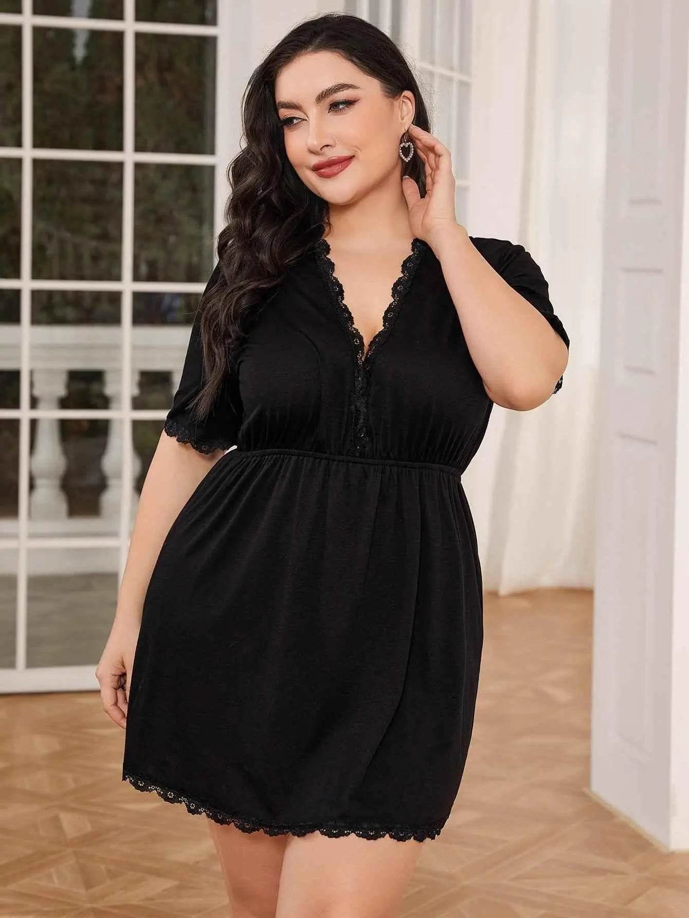 Plus Size Lace Trim Deep V Night Dress - GiFTiFY