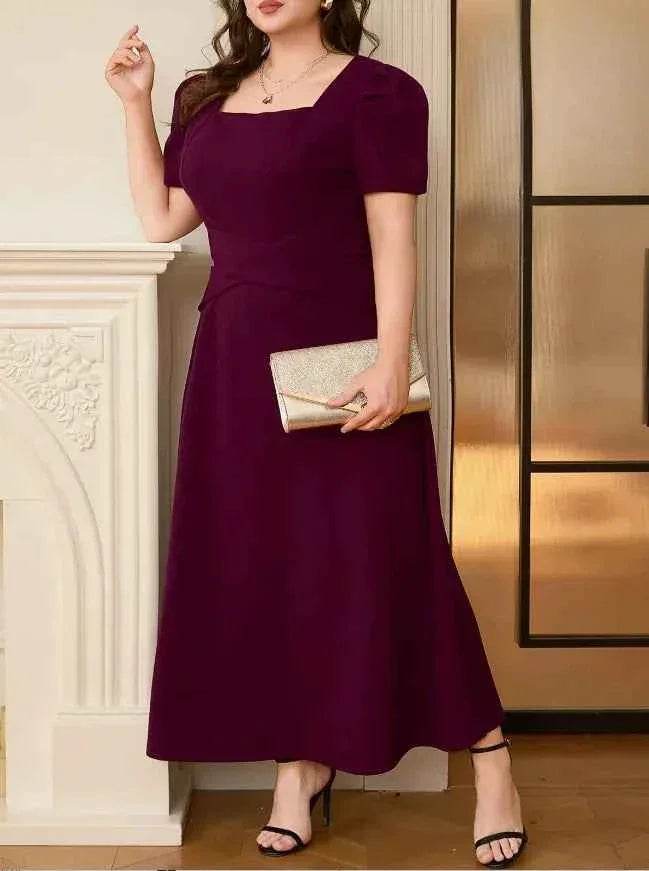 Plus Size Square Neck Puff Sleeve Midi Dress - GiFTiFY