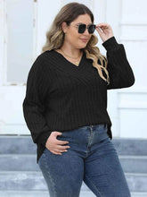 Plus Size Ribbed V-Neck Long Sleeve Top - GiFTiFY