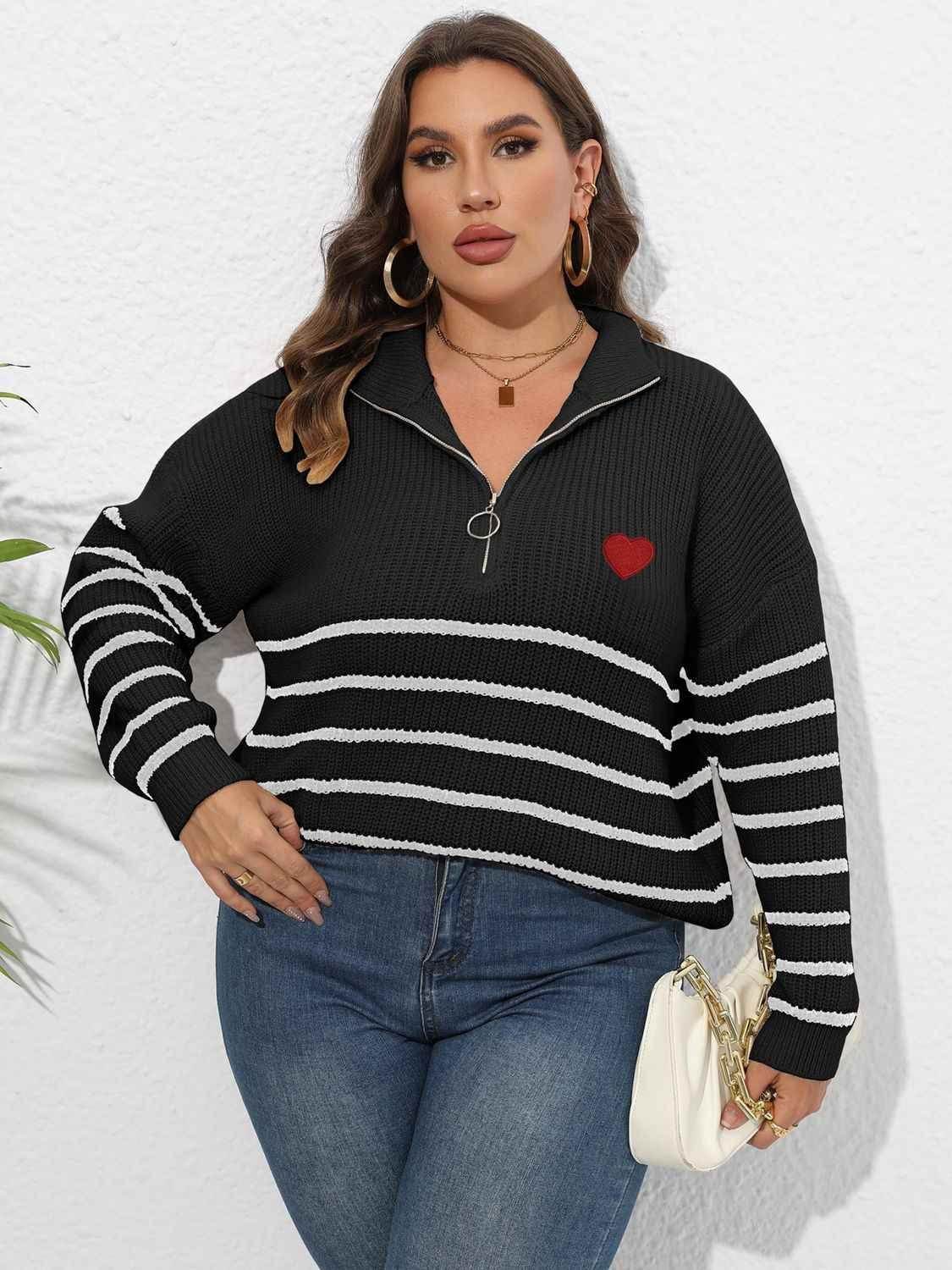 Plus Size Zip-Up Striped Sweater - GiFTiFY