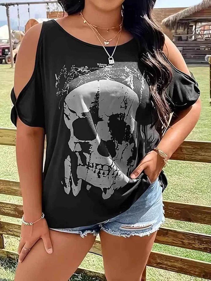 Plus Size Skeleton Graphic Round Neck Cold Shoulder T-Shirt - GiFTiFY