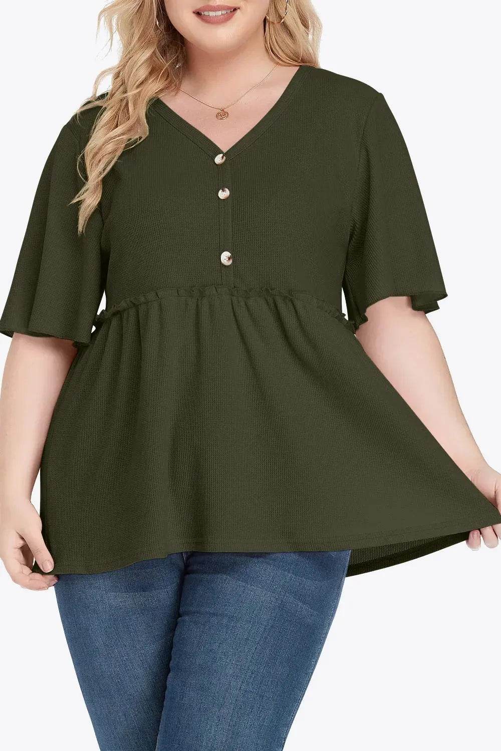 Plus Size Buttoned V-Neck Frill Trim Babydoll Blouse - GiFTiFY
