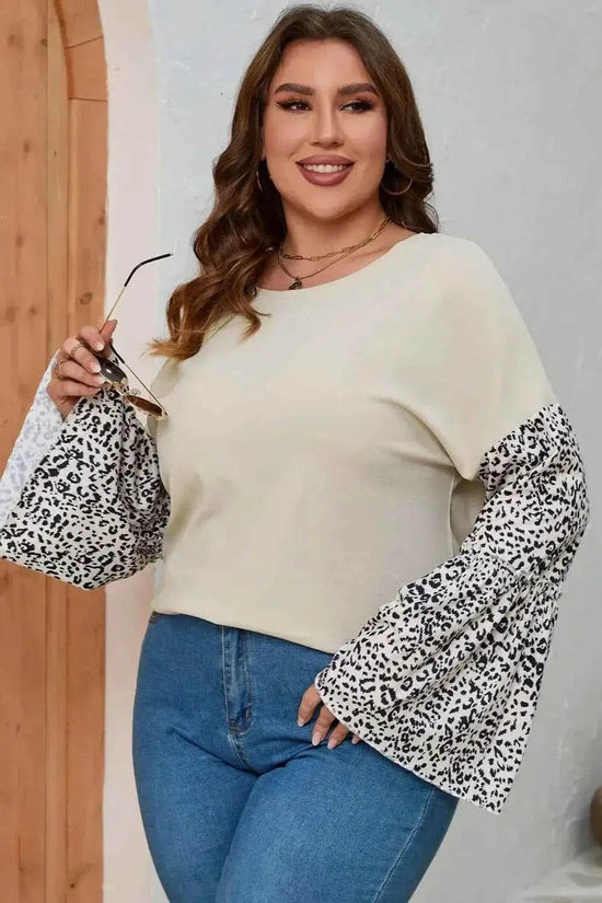 Plus Size Leopard Round Neck Long Sleeve Top - GiFTiFY
