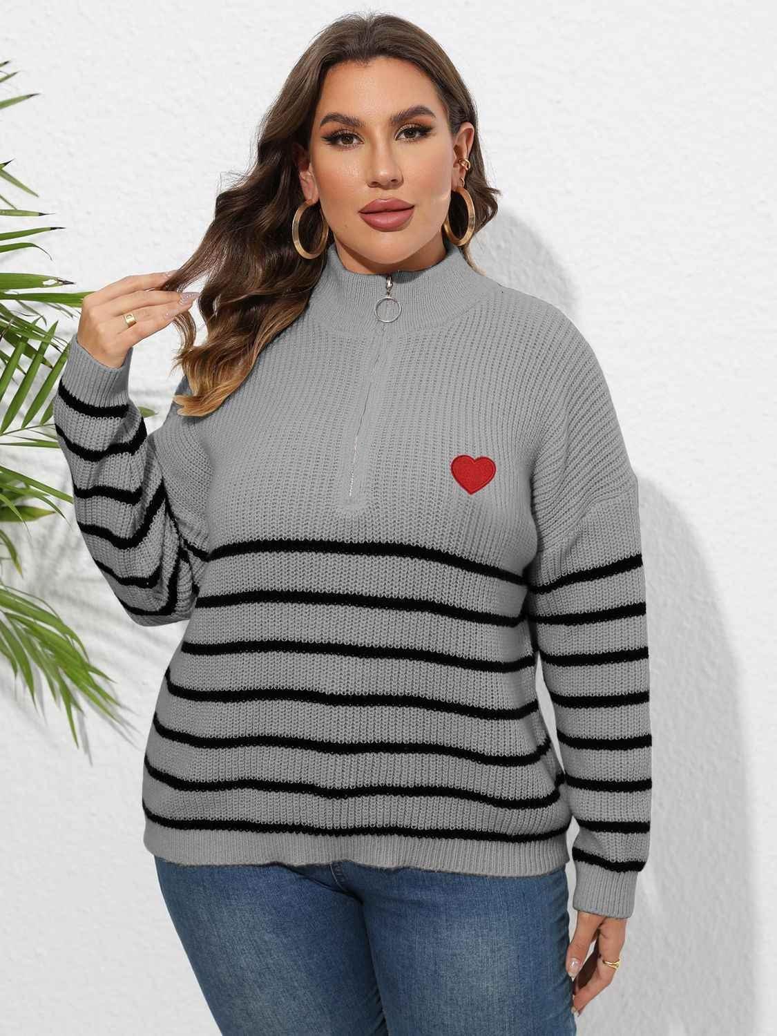 Plus Size Zip-Up Striped Sweater - GiFTiFY
