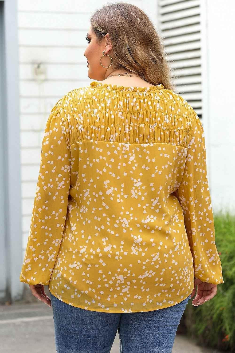 Plus Size Notched Neck Smocked Blouse - GiFTiFY