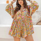 Plus Size Floral Tie Neck Balloon Sleeve Romper - GiFTiFY