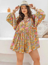 Plus Size Floral Tie Neck Balloon Sleeve Romper - GiFTiFY