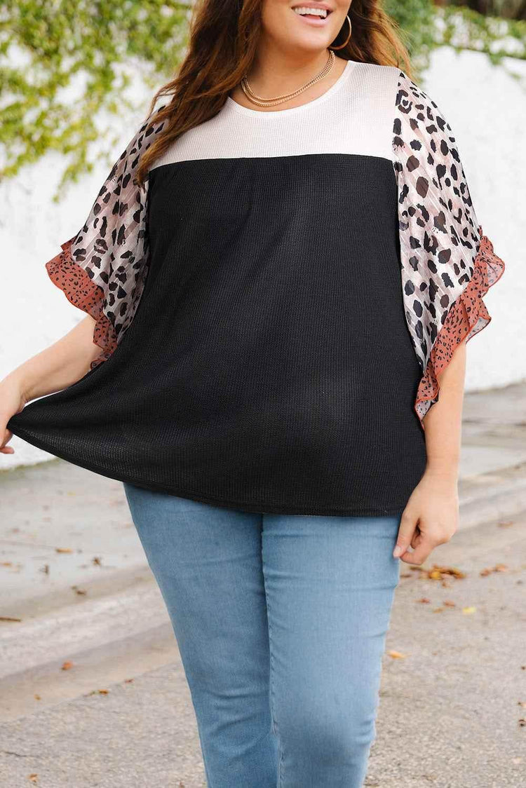 Plus Size Printed Color Block Ruffled Blouse - GiFTiFY