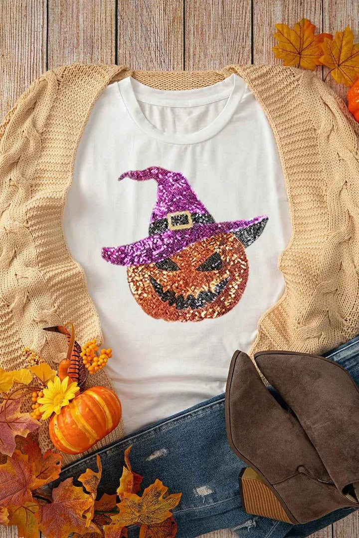 Sequin Pumpkin Round Neck Short Sleeve T-Shirt - GiFTiFY