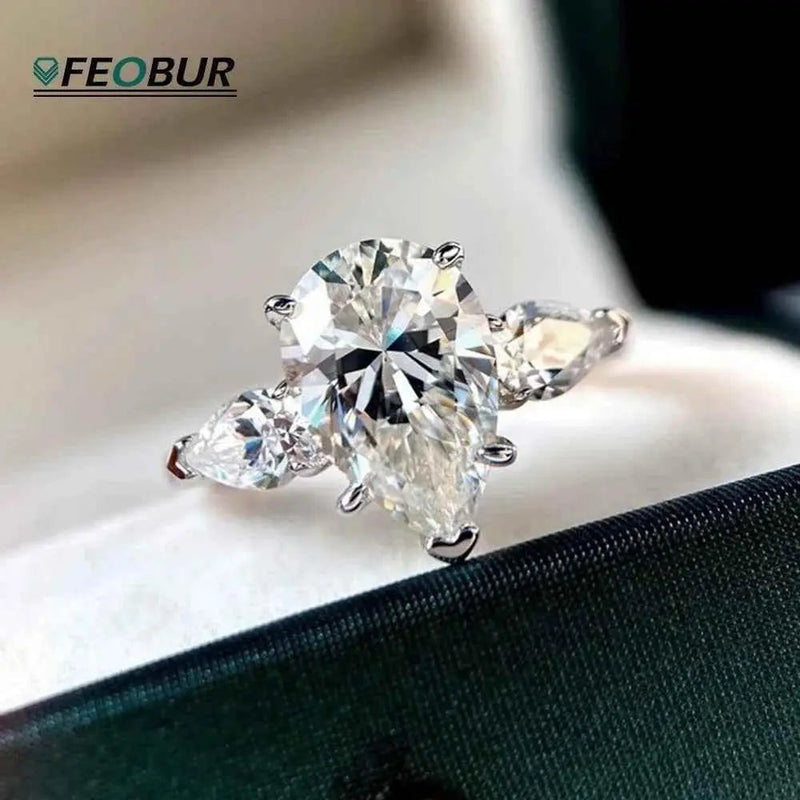 1/2/3/4ct Pear Cut All Moissanite Engagement Rings for Women S925 Sterling Silver 3-Stone Promise Wedding Band Luxury Jewelry Rings by Dropshee