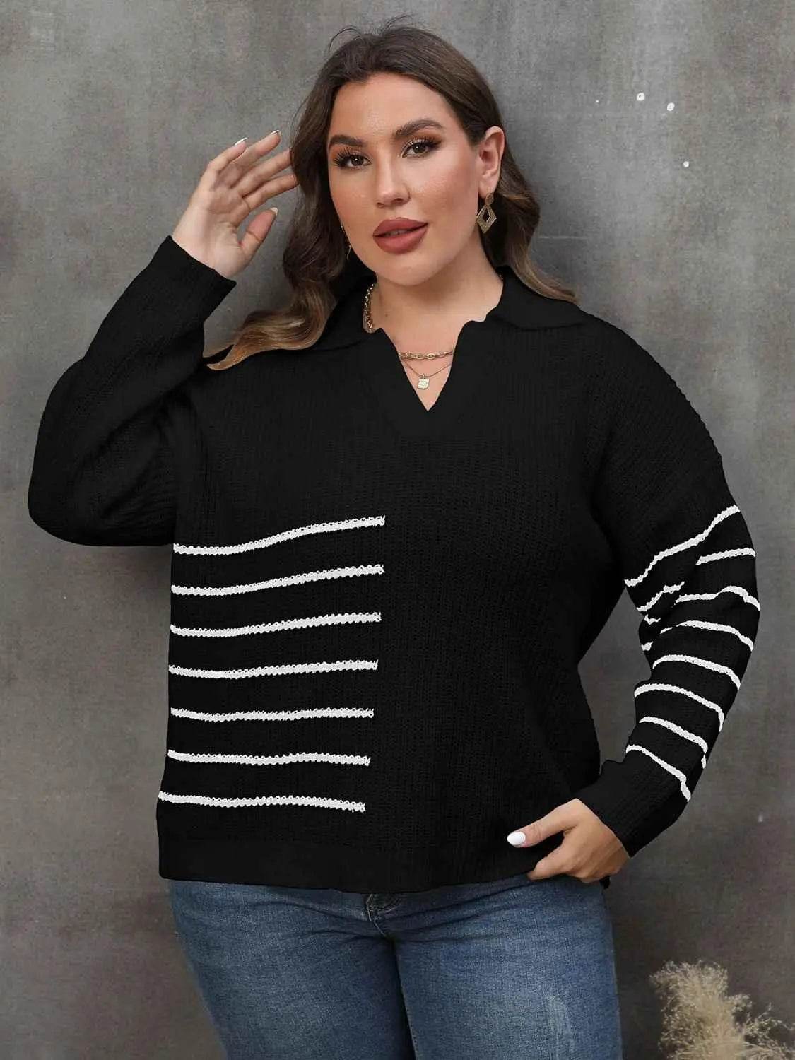 Plus Size Striped V-Neck Sweater - GiFTiFY