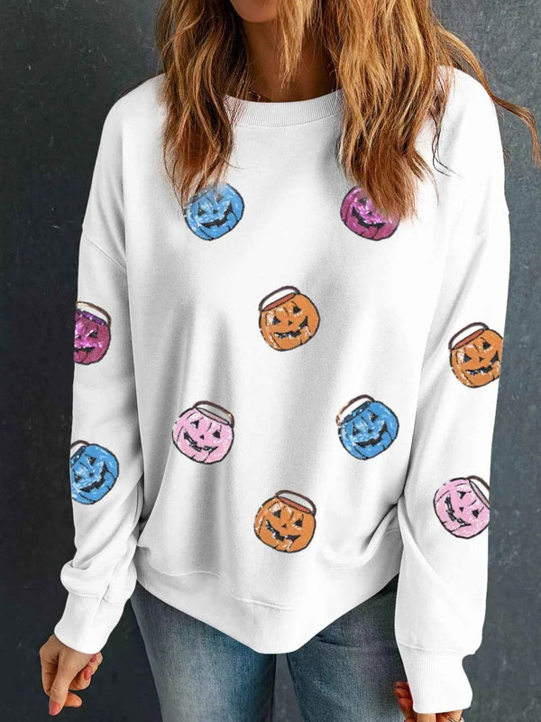 Halloween Pumpkin Lantern Sequin Patched Sweatshirt - GiFTiFY