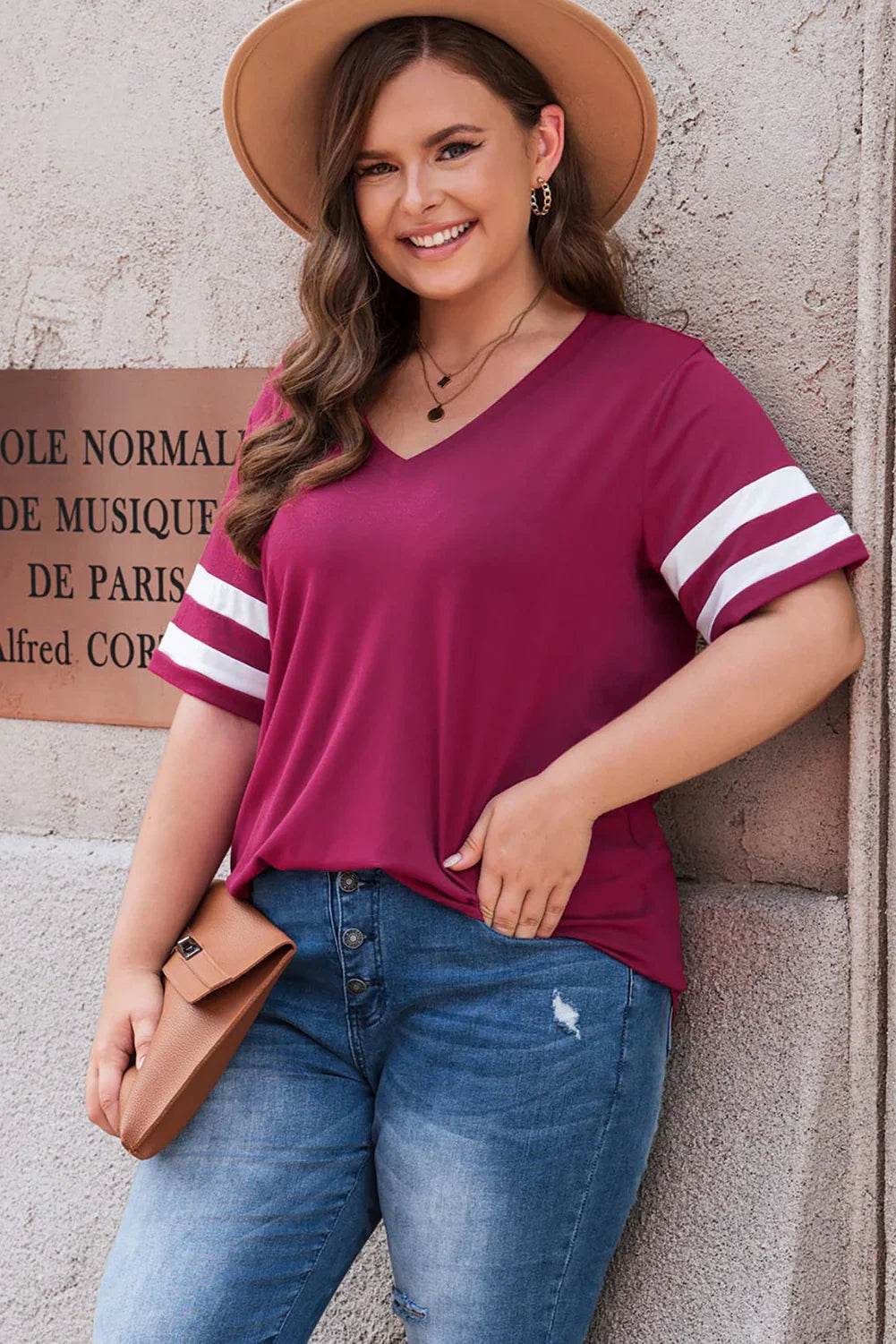 Plus Size Striped V-Neck Tee Shirt - GiFTiFY