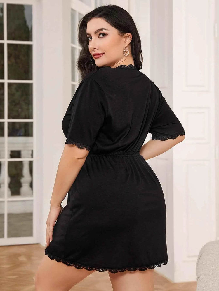 Plus Size Lace Trim Deep V Night Dress women Attire by Trendsi