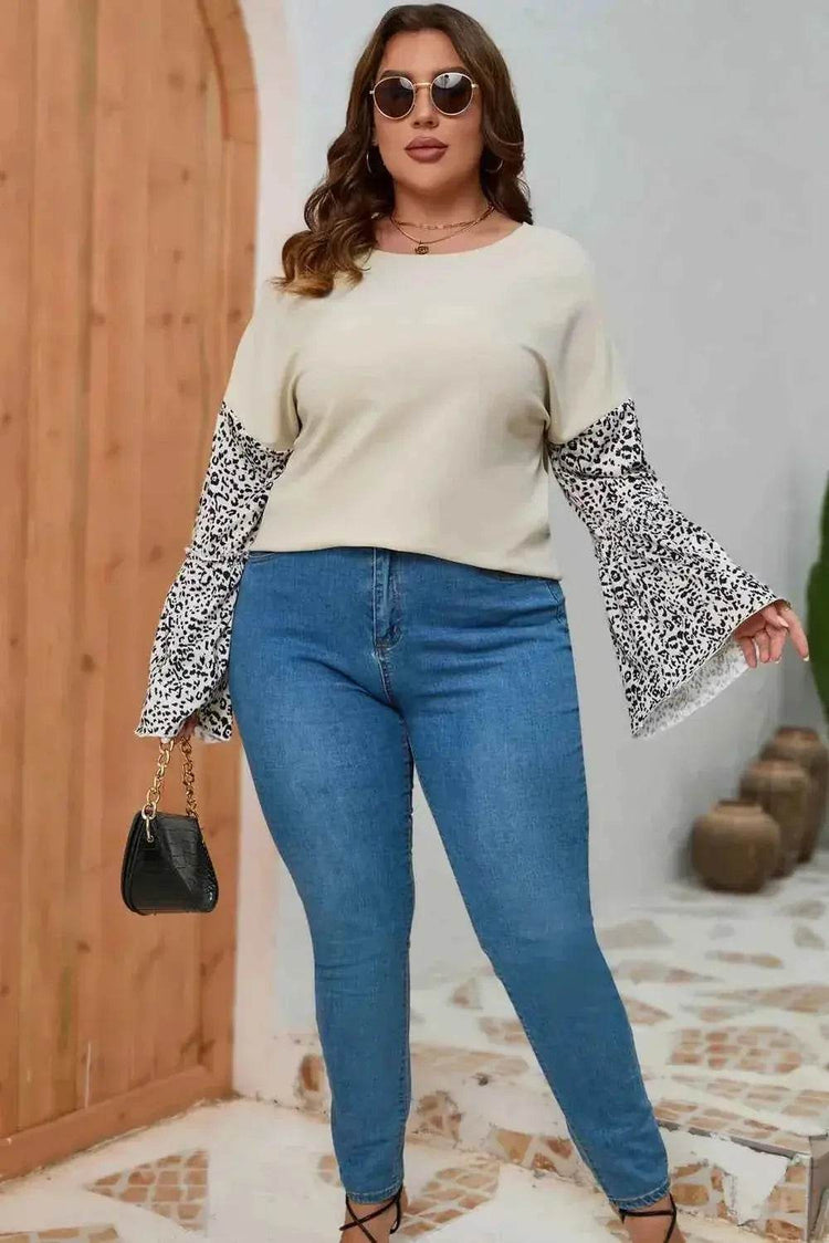 Plus Size Leopard Round Neck Long Sleeve Top - GiFTiFY