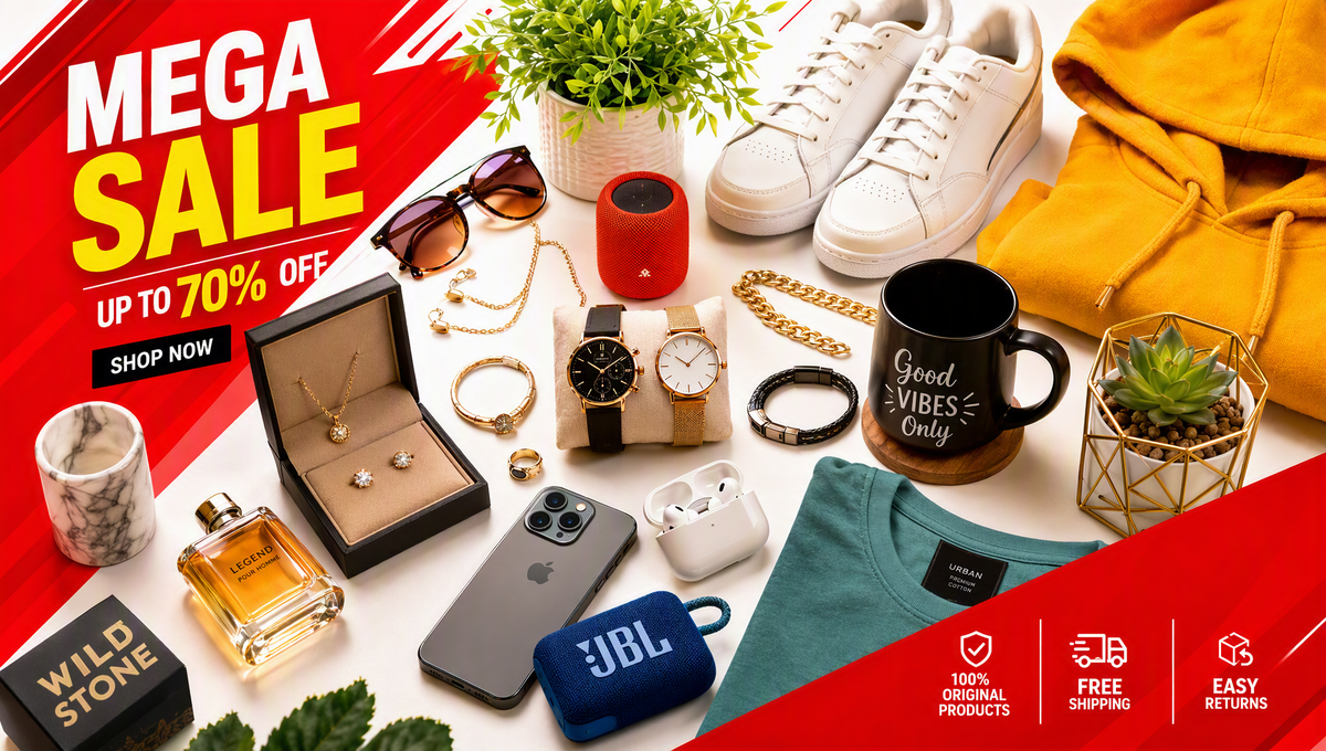 Vibrant flat-lay of discounted lifestyle merchandise — jewelry, watches, and gadgets — arranged for a site-wide mega sale