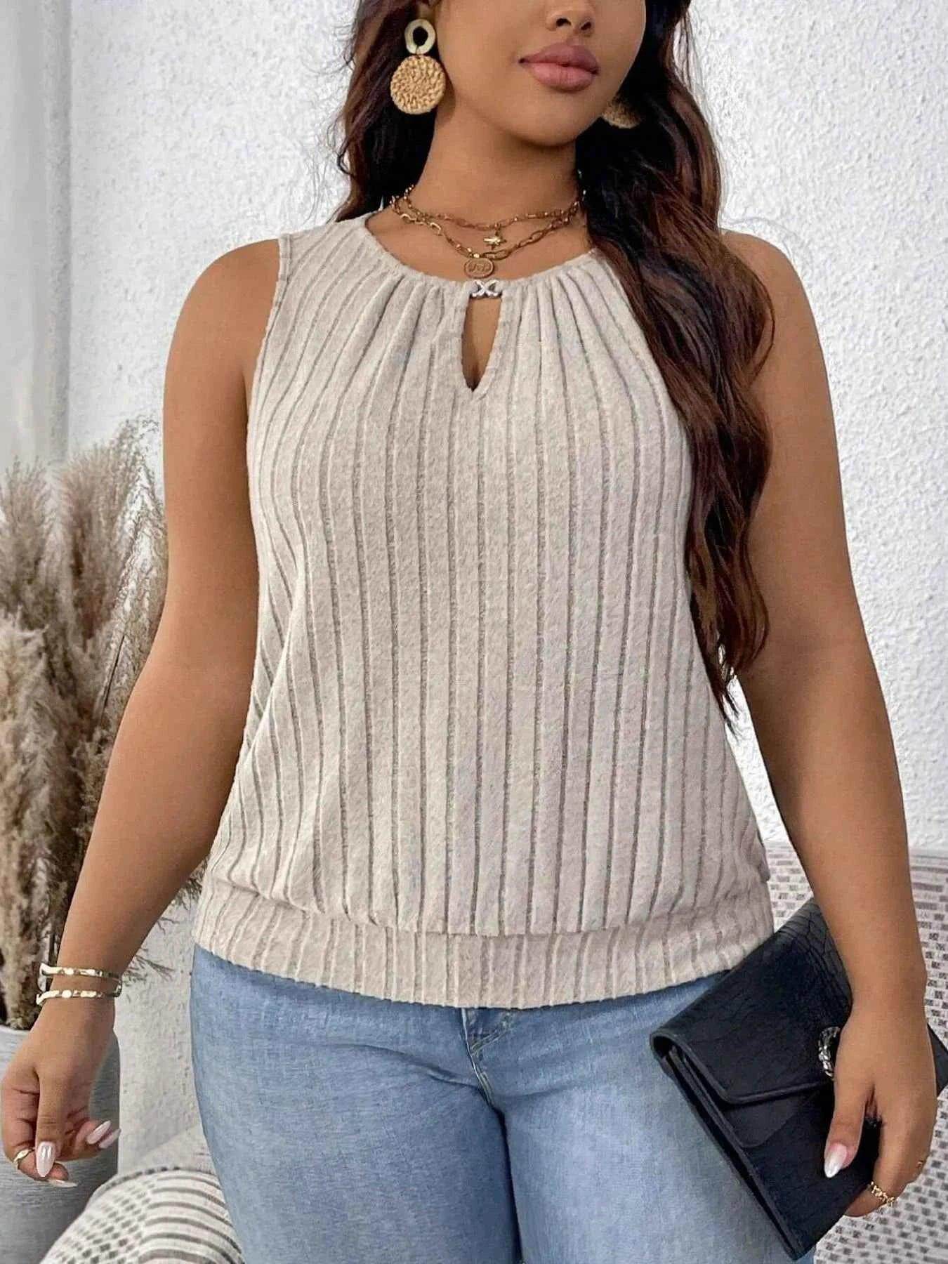 Plus Size Ribbed Knit Keyhole Tank Top - GiFTiFY