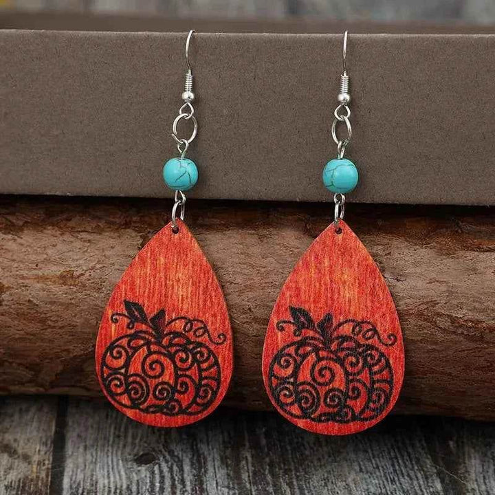 Turquoise Wooden Pumpkin Teardrop Earrings - GiFTiFY