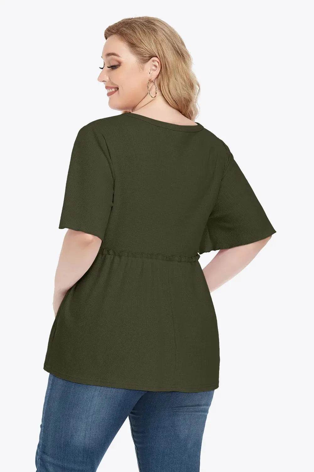 Plus Size Buttoned V-Neck Frill Trim Babydoll Blouse - GiFTiFY