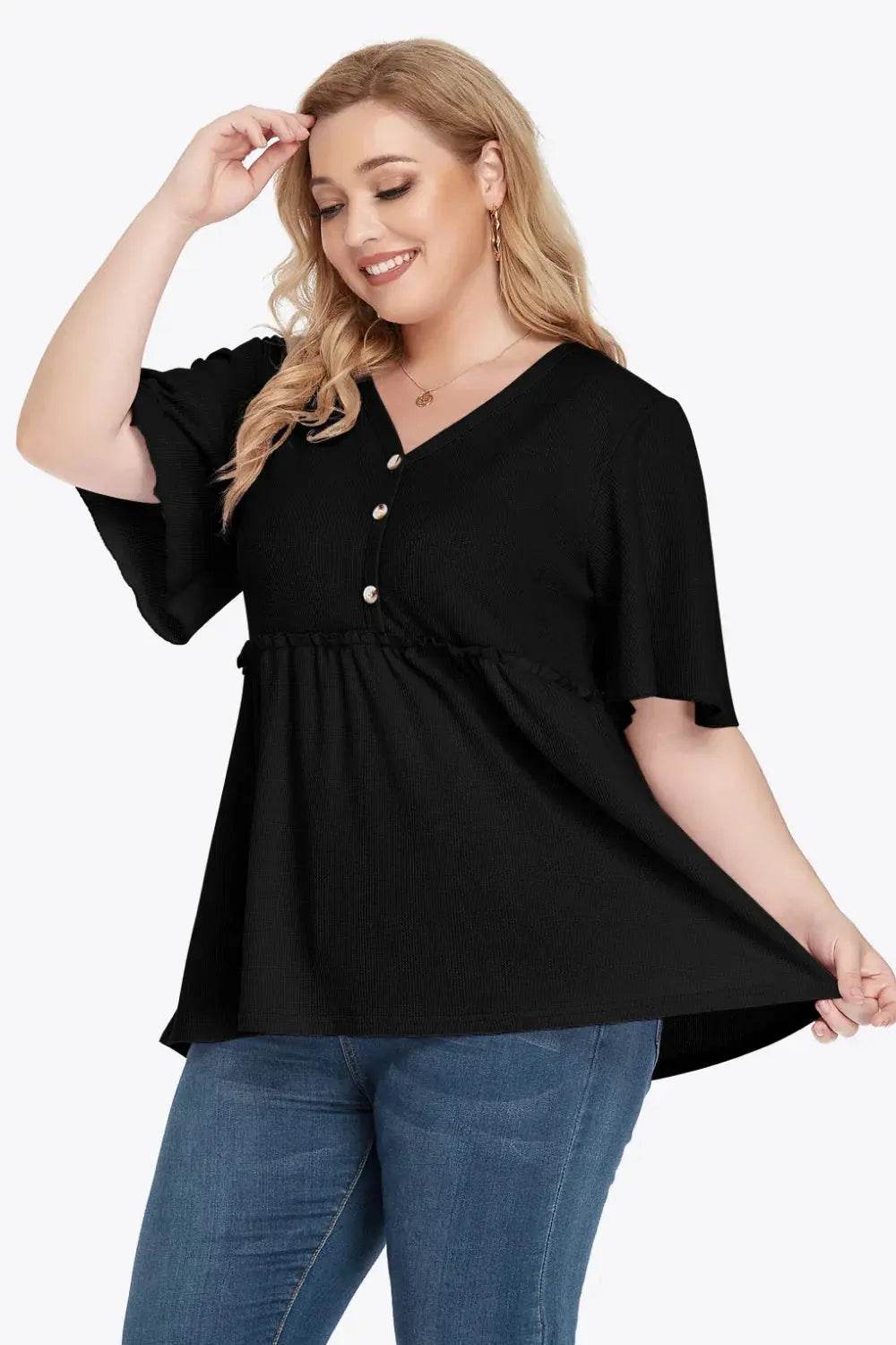Plus Size Buttoned V-Neck Frill Trim Babydoll Blouse - GiFTiFY