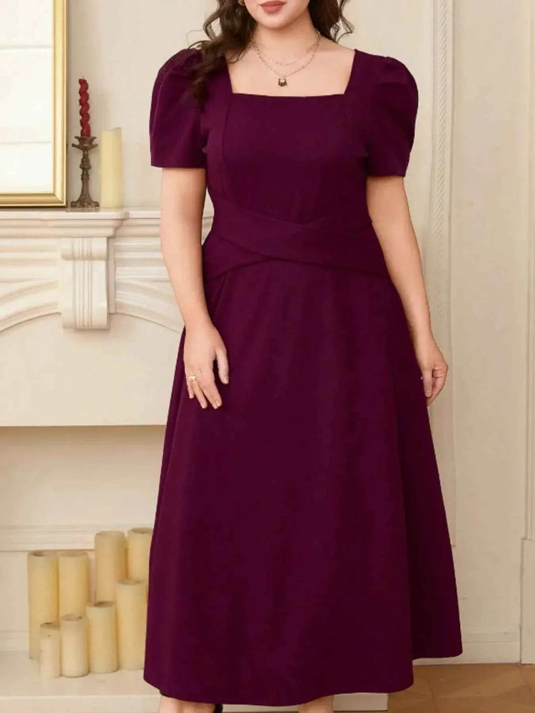 Plus Size Square Neck Puff Sleeve Midi Dress - GiFTiFY