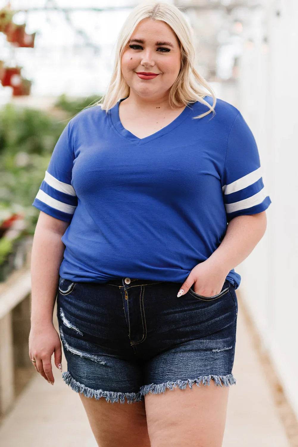 Plus Size Striped V-Neck Tee Shirt - GiFTiFY