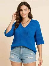 Plus Size V-Neck Ribbed Knit T-Shirt - GiFTiFY