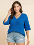 Plus Size V-Neck Ribbed Knit T-Shirt - GiFTiFY