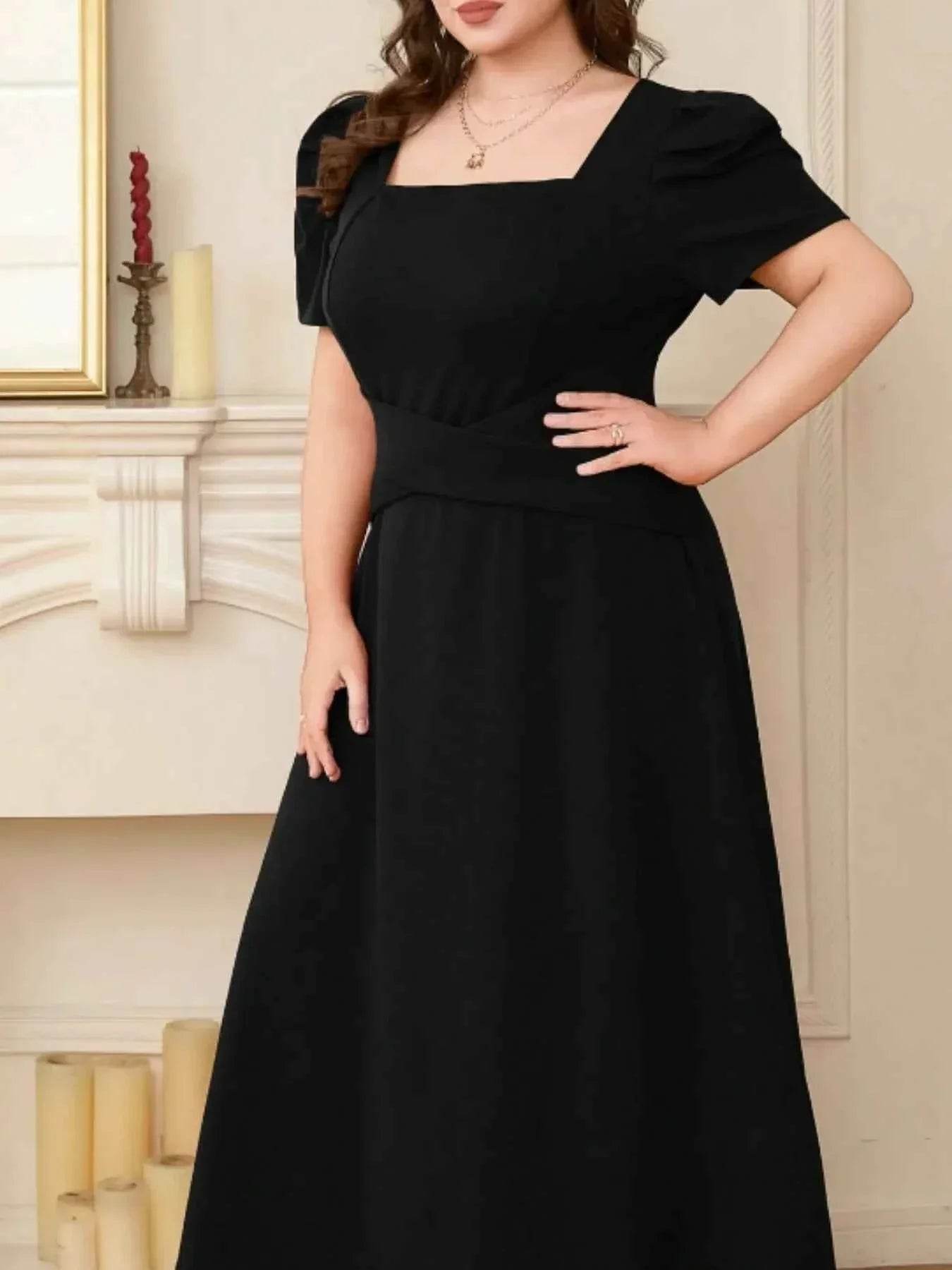 Plus Size Square Neck Puff Sleeve Midi Dress - GiFTiFY