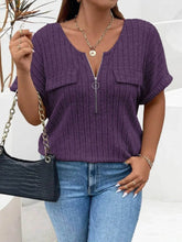 Plus Size Ribbed Half Zip Relaxed Fit T-Shirt - GiFTiFY