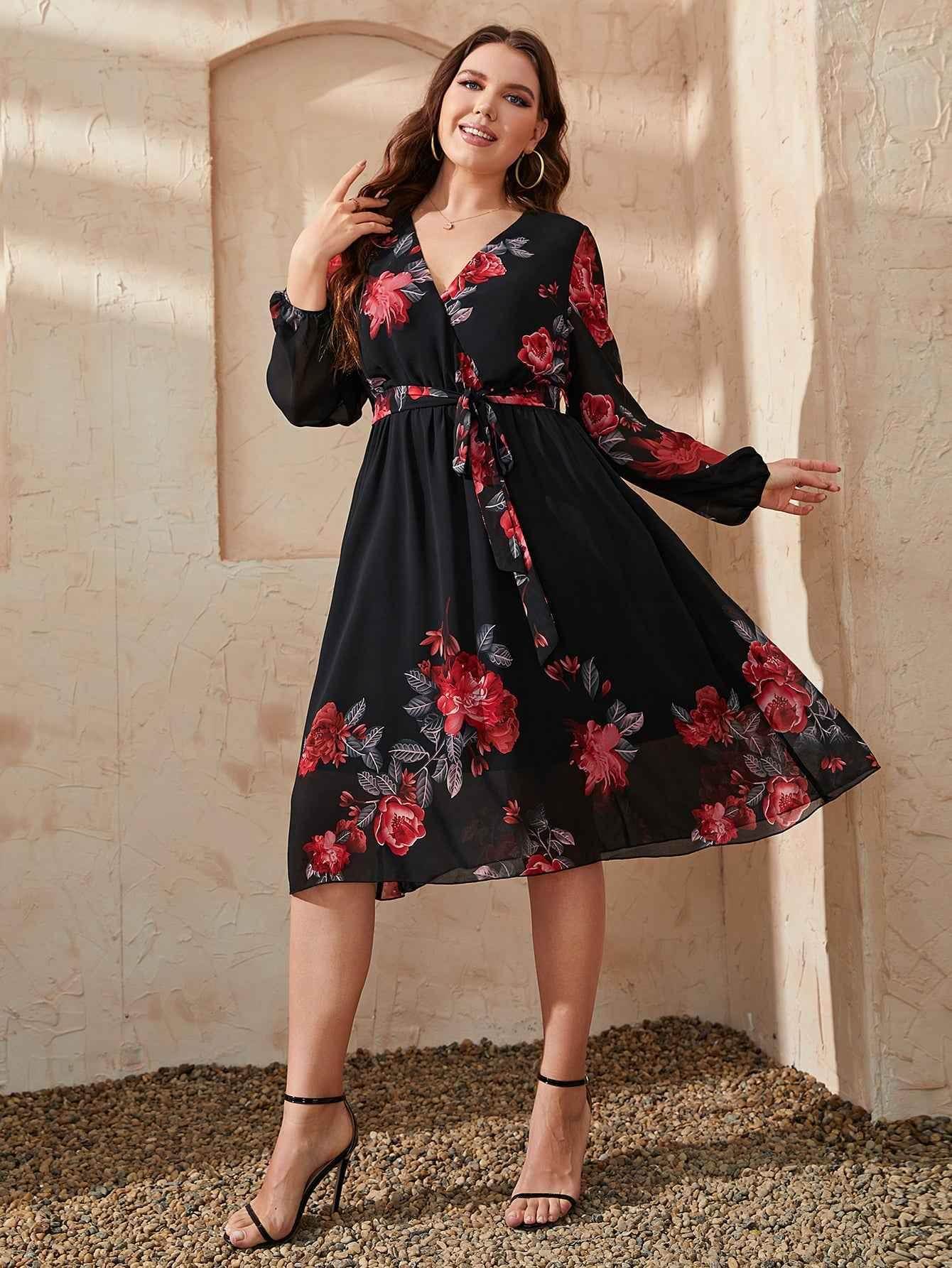 Honey Plus Size Floral Surplice Neck Tie Waist Dress - GiFTiFY