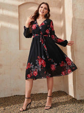 Honey Plus Size Floral Surplice Neck Tie Waist Dress - GiFTiFY