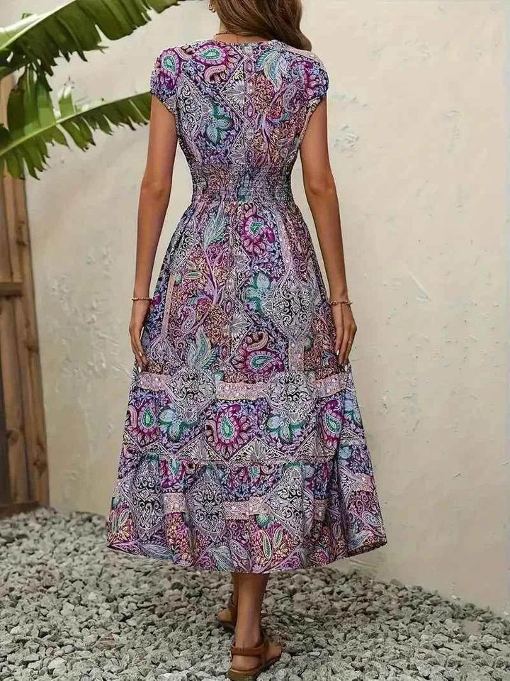 Plus Size Printed V-Neck Short Sleeve Midi Dress - GiFTiFY