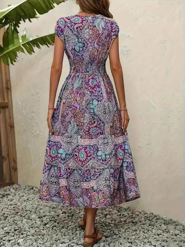 Plus Size Printed V-Neck Short Sleeve Midi Dress women Attire by Trendsi