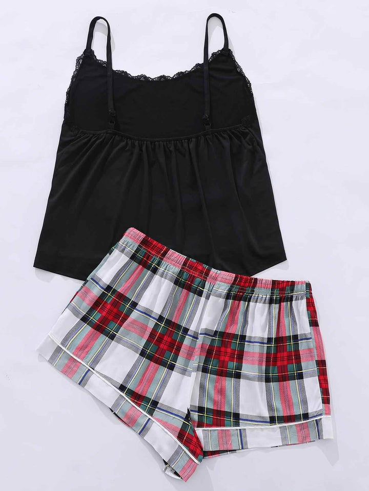 Plus Size Lace Trim Scoop Neck Cami and Printed Shorts Pajama Set - GiFTiFY