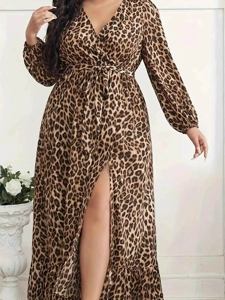 Plus Size Leopard Print Surplice Maxi Dress - GiFTiFY