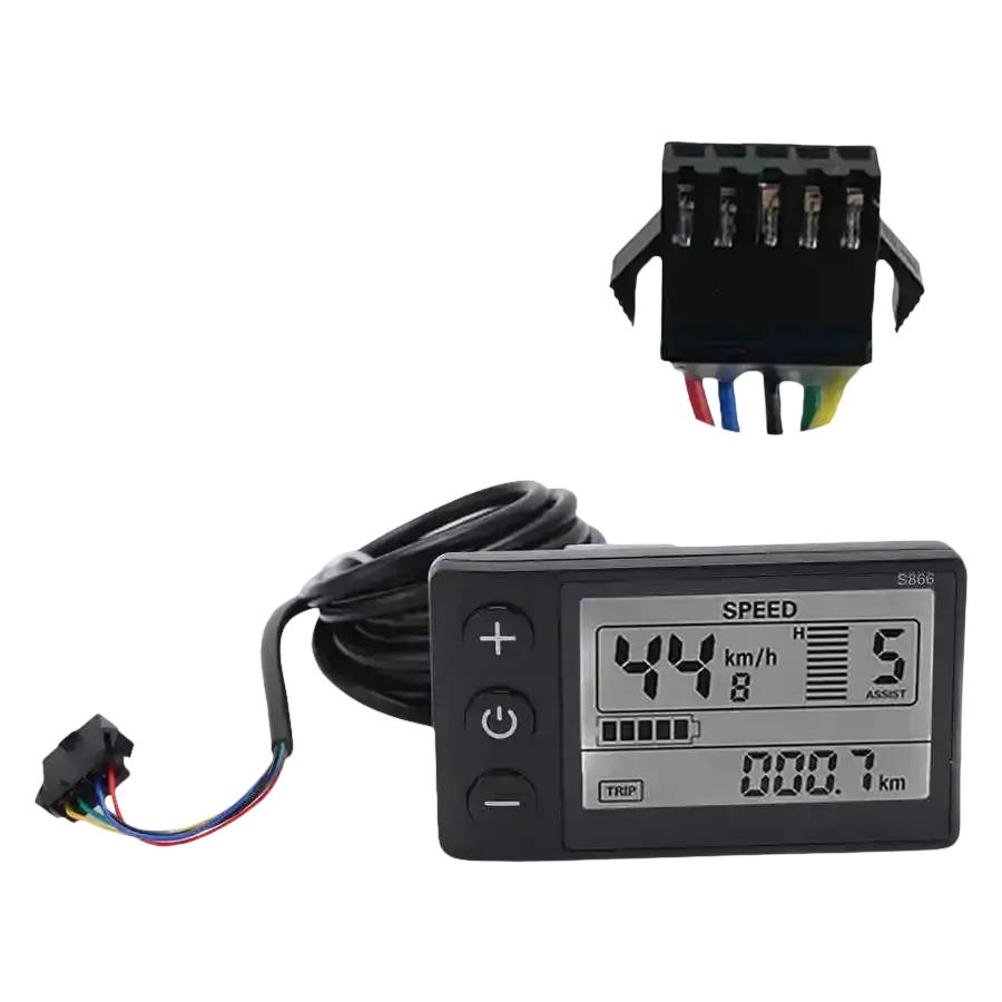 E-bike LCD display with wiring harness.