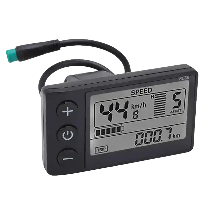 Black e-bike display with cable.