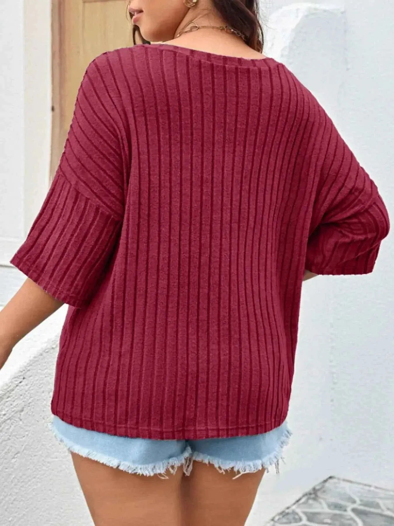 Plus Size V-Neck Ribbed Knit T-Shirt