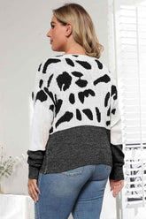 Plus Size Leopard Round Neck Long Sleeve Sweater - GiFTiFY