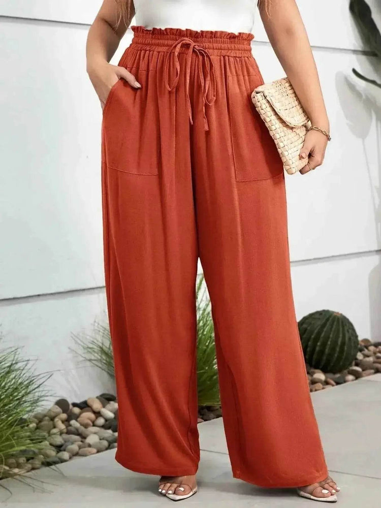 Plus Size High Waist Wide Leg Drawstring Pants - GiFTiFY