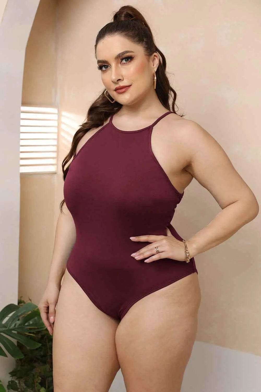 Plus Size Halter Neck Spaghetti Strap Bodysuit - GiFTiFY