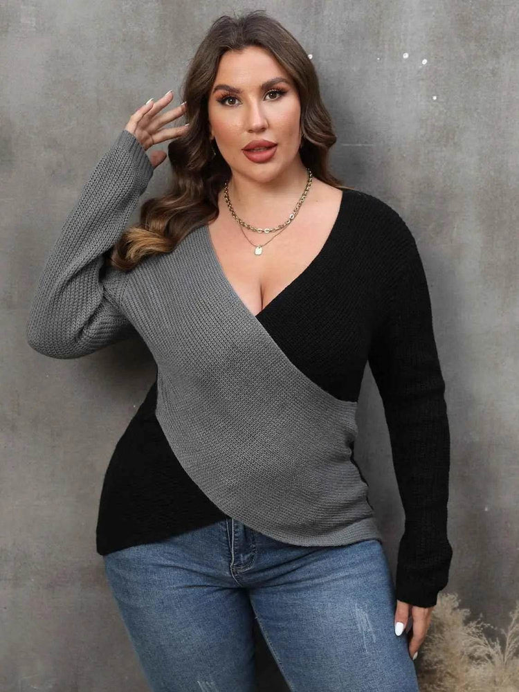 Plus Size Two-Tone Surplice Neck Sweater - GiFTiFY