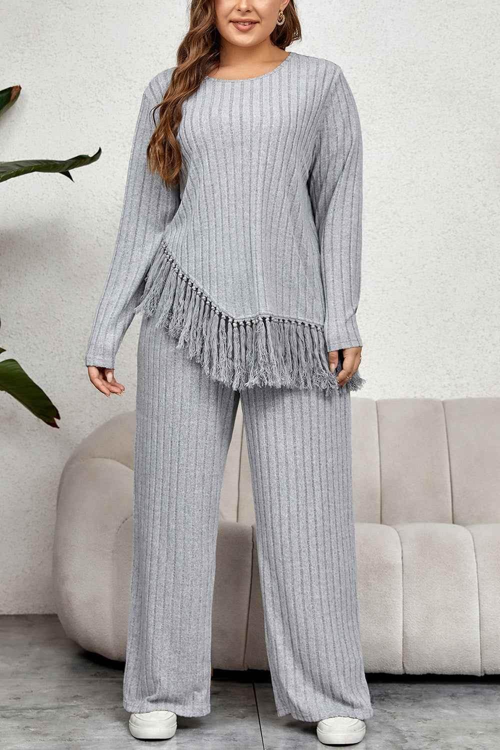 Honey Plus Size Tassel Hem Top and Pants Set - GiFTiFY