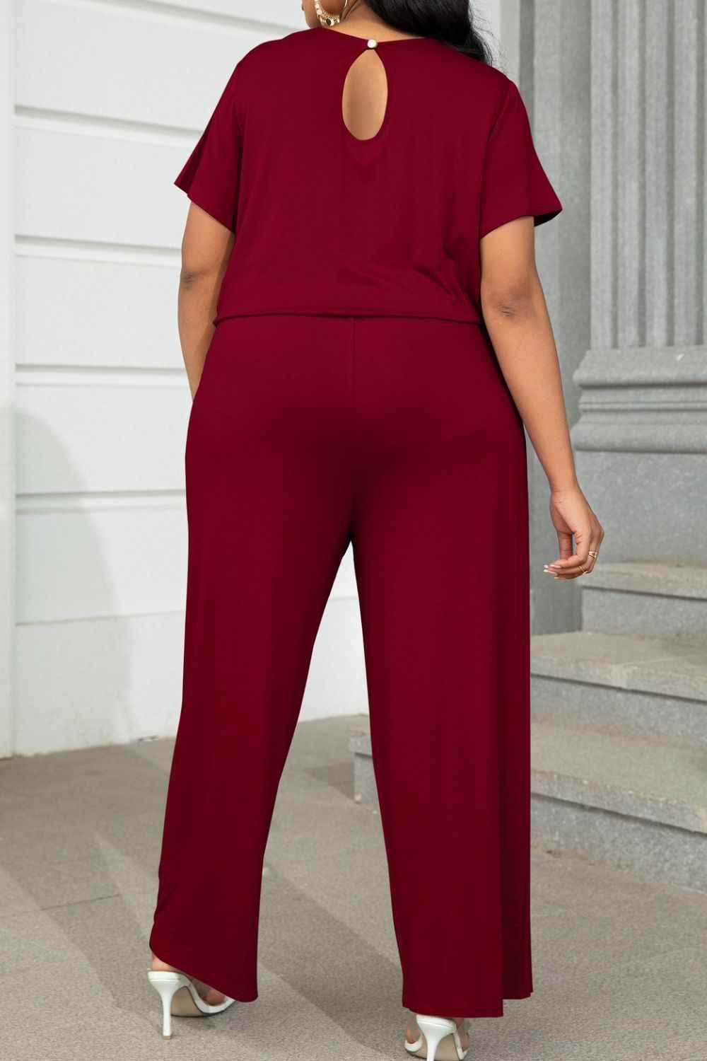 Plus Size Drawstring Waist Short Sleeve Jumpsuit - GiFTiFY