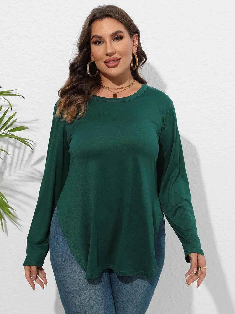 Plus Size Round Neck Long Sleeve Slit T-Shirt - GiFTiFY