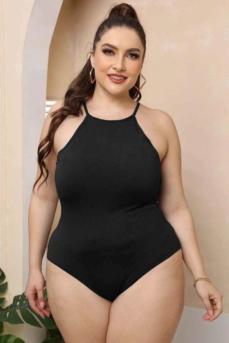 Plus Size Halter Neck Spaghetti Strap Bodysuit - GiFTiFY
