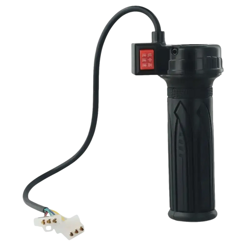 Black electric bike throttle grip with cable and connector.