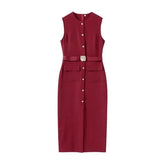 Elegant Black With Belt Women Dress O-neck Sleeveless Single Breasted Slim Female Maxi Dresses 2025 Summer New Chic Lady Robe - GiFTiFY